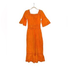 1970s Mexican Pintuck Cotton Crochet Orange Maxi Dress